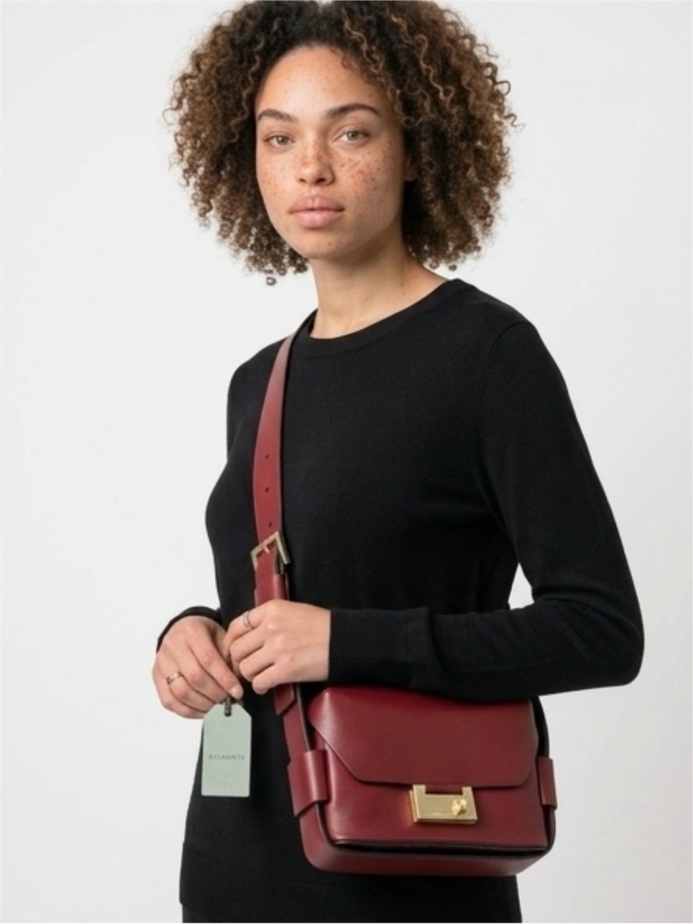 AllSaints Leather Crossbody Bag in Burgundy with Gold Hardware